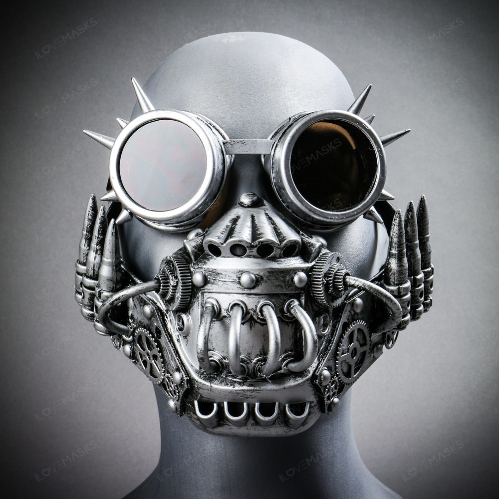 Steampunk Skull Jaw Face Mask with Spikes Goggles - Silver